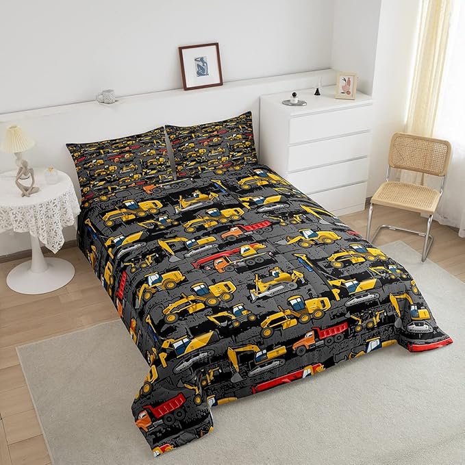 Kids Tractor Bedding Sets For Boys Toddler Twin,Under Construction Trucks Bedding Comforter Set,Equipment Excavator Bedding Cartoon Vehicle Cars Bed Set For Child Room Decor Yellow Dark Grey 2 Pcs