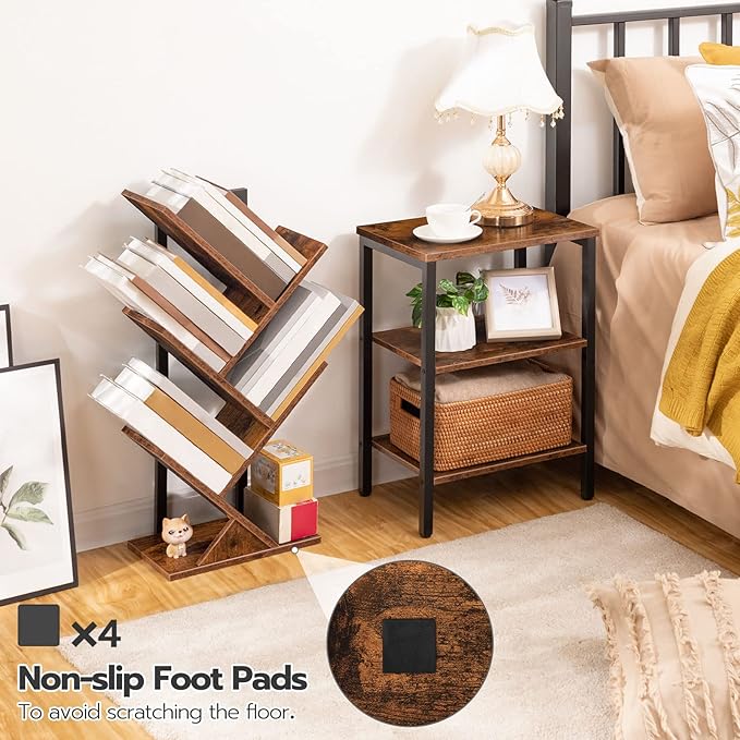 HOOBRO Tree Bookshelf, 5-Tier Bookcase Wooden Shelves, Floor Standing Storage Rack, for Display of CDs, Books in Living Room, Home Office, Wood Storage Rack for Bedroom, Rustic Brown BF04SJ01G1