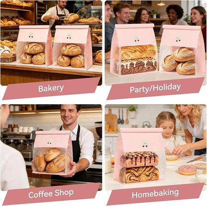 "Funcoo Paper Bread Bags with Tabs for Homemade Sourdough Bread, Pink Bakery Bread Bags with Window/Tin Tie Tab Lock, Large Bakery Loaf Bag for Baked Goods Packaging" (50, X-Large)