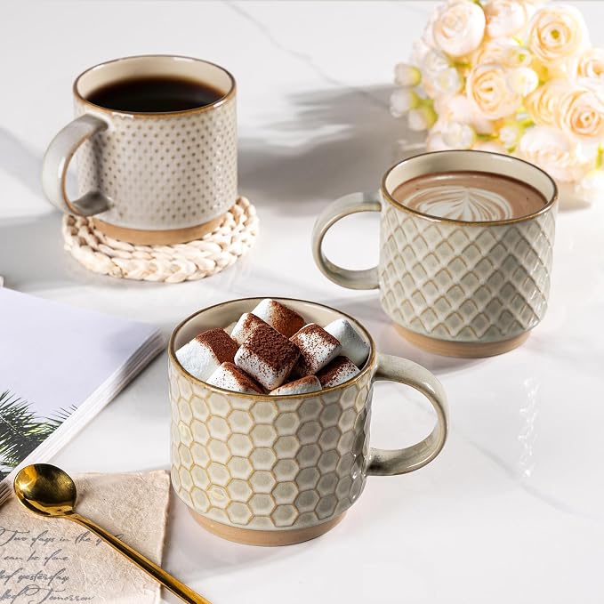 GBhome 12 OZ Stackable Coffee Mugs Set of 4, Ceramic Coffee Cups Set | Coffee Mugs With Stand, Dishwasher&Microwave Safe, 4 Assorted Designs