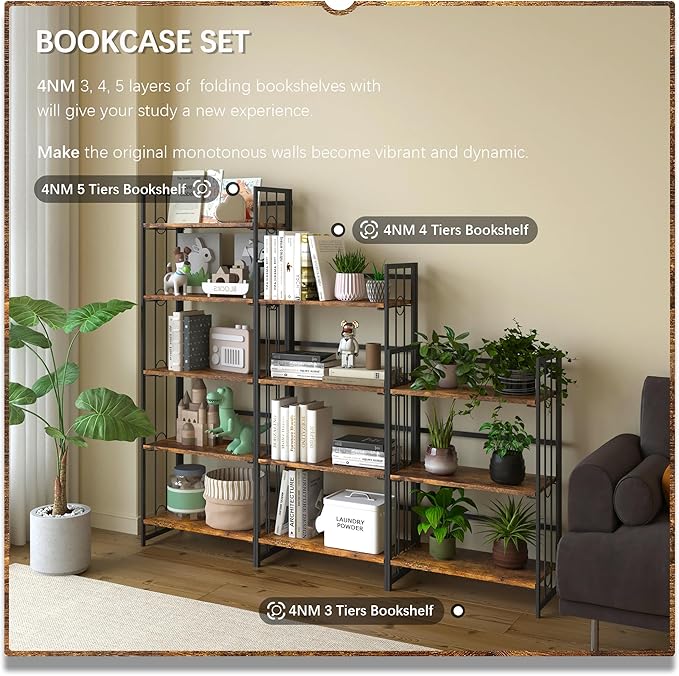 4NM No-Assembly 4 Tiers Folding Bookshelf Storage Shelves Vintage Bookcase Standing Racks Study Organizer Home Office - Rustic Brown and Black
