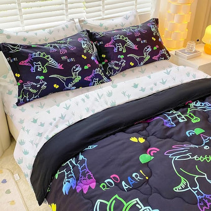 7 Piece Boys Dinosaur Comforter Bedding Set Bed in A Bag Full Size for Kid Girls Teens Dinosaurs Animal 3D Print Gradient Line Bedding Set with Comforter Sheet Set Pillowcase and Sham