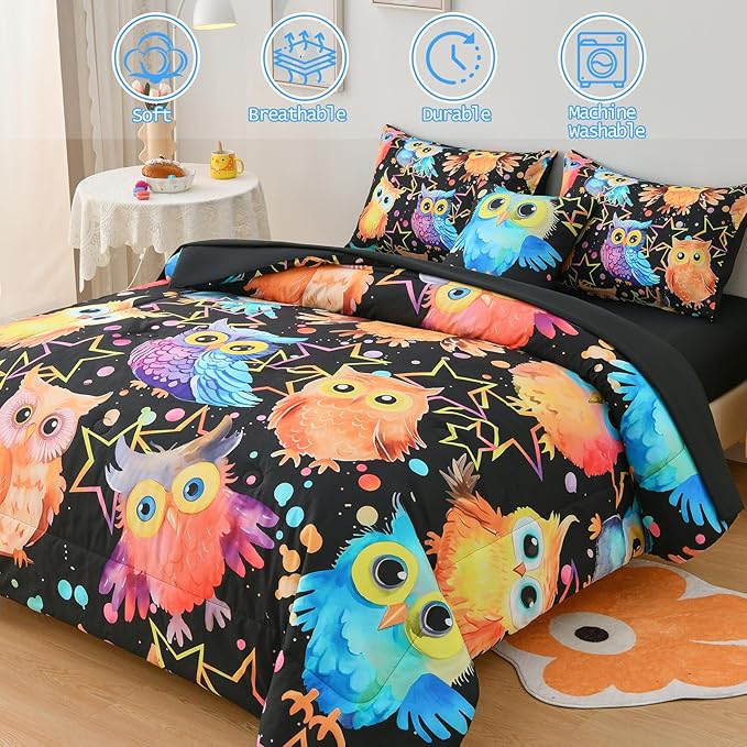 DORCAS Full Bedding Set with Comforter, Sheets for Kids, 6 Pieces, Owl, All Seasons, Unisex, Polyester, Machine Wash, Cute Owl Theme Design