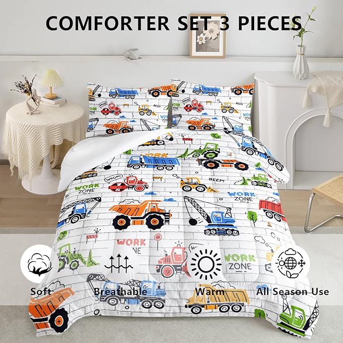 Axolotl Construction Comforter Set Queen,Excavator Bedding Set,Construction Vehicles Comforter Set,Excavator Comforter,Excavator Tractor Trucks Bedding Set for Kids Boys Teens,1 Quilt 2 Pillowcases