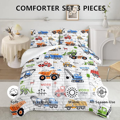 Axolotl Construction Comforter Set Queen,Excavator Bedding Set,Construction Vehicles Comforter Set,Excavator Comforter,Excavator Tractor Trucks Bedding Set for Kids Boys Teens,1 Quilt 2 Pillowcases