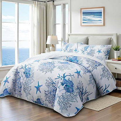 Coastal Bedding King Size Coastal Quilt with 2 Shams, Nautical Beach Comforter Sets Ocean Bedspreads Blue Starfish Coverlet Summer Bedding, 96''x106''