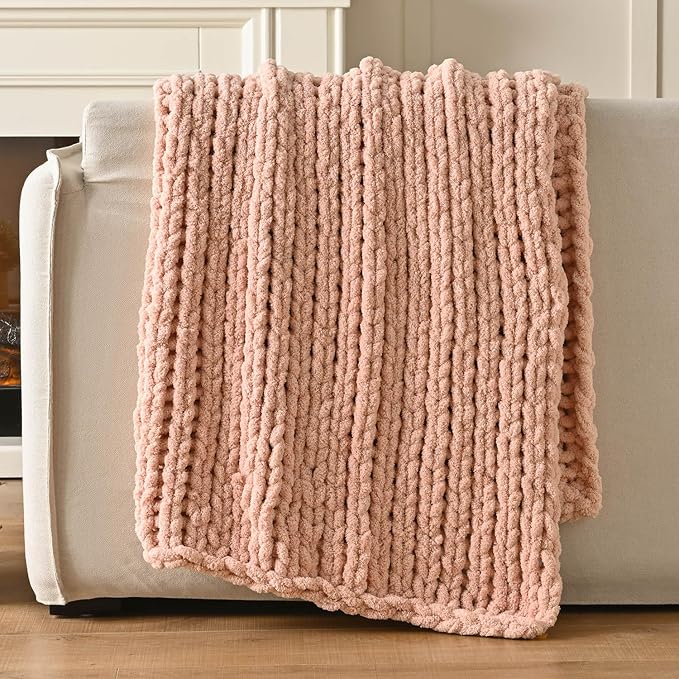 Esterra Chunky Knit Blanket Throw 60"x80", 100% Hand Knitted Chenille Throw Blanket, Cozy Soft Thick Cable Knit Throw Large Rope Knot Crochet Throw Blanket for Sofa Couch Bed, Dusty Pink