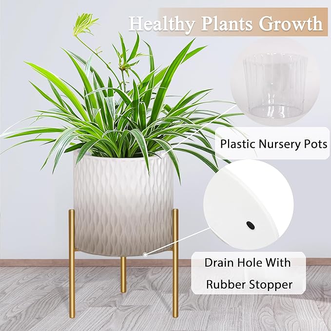 ARNIS Plants Pots with Stand, Set of 2 Indoor Planter Pots, Unique Mid Century Decorative Metal Flower Pots with Drainage,8.25 & 10.5 Inch, Grey and White