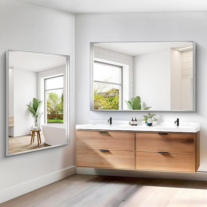 Silver Bathroom Mirror, 60x40 Inch Rectangular Framed Mirror, Large Wall Mounted Bathroom Vanity Mirror Over Sink for Bedroom,Restroom, Living Room, Hangs Vertically or Horizontally