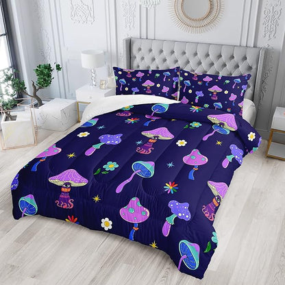 Colorful Mushroom Comforter Set Full Size Kids Trippy Mushroom Bedding Set Hippy Star Eye Theme Quilt Bed Set for Boys Girls Adults with 1 Comforter and 2 Pillowcases