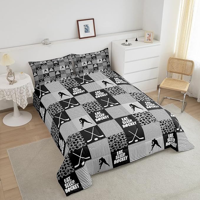 Ice Hockey Comforter Sets For Boys King Black White Grey Winter Sports Games Down Comforter Kids Teen Room Decor,Hockey Pucks Player Bedding Set Geometric Checkered Stripes Quilt Duvet 2 Pillow Cases