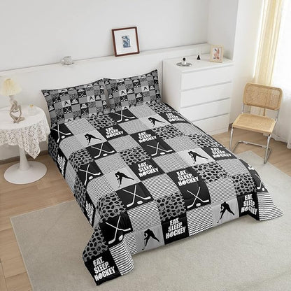Ice Hockey Comforter Sets For Boys King Black White Grey Winter Sports Games Down Comforter Kids Teen Room Decor,Hockey Pucks Player Bedding Set Geometric Checkered Stripes Quilt Duvet 2 Pillow Cases