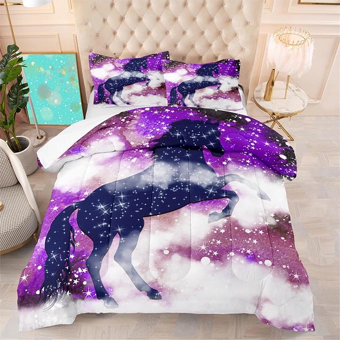 Horse Comforter Set for Girls, Queen Size Galaxy Horse Purple Bedding Set for Girl Modern Bed Set Sparkly Stars Quilt Bedroom Decor, 3 Piece Queen Comforter Set 1 Comforter + 2 Pillowcases