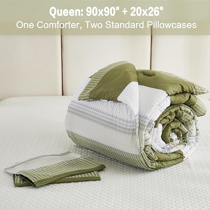 Litanika Olive Green Comforter Set Queen - 3 Pieces Lightweight Olive Green White Colorblock Stripe Fluffy Bedding Comforter Sets, All Season Bed Set