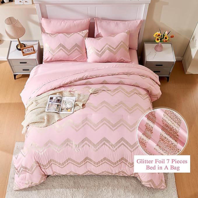 Wowelife 6 Pieces Pink Twin/Twin XL Comforter Set for Girls Kids Twin Bedding Sets Gold Glitter Foil Bed in A Bag with Comforter, Flat Sheet, Fitted Sheet, 2 Pillow Shams and 1 Pillowcase