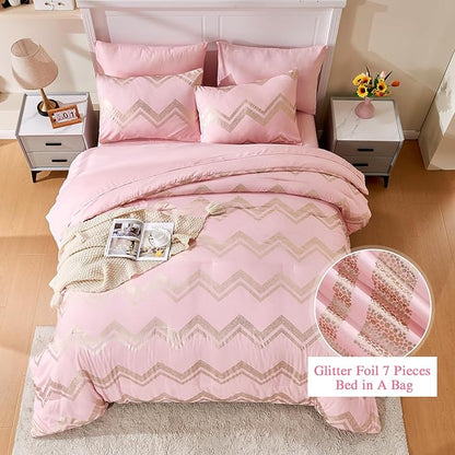 Wowelife Girl Bedding Sets Pink Comforter for Queen Size Bed 7 Pieces Gold Glitter Foil Queen Bedding Set Teen Girl Bedding Pink Full Kids Bedroom Beding Sets with 2 Pillow Shams and 2 Pillowcase