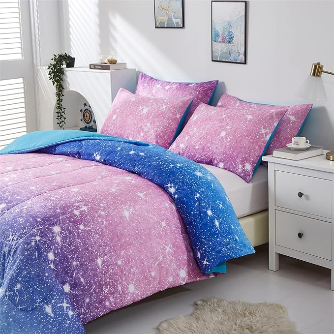 Purple Glitter Comforter Set Full/Queen Size for Girls, Sparkle Galaxy Twinkle for Kids Teen,3 Piece Blue Purple Pink Ombre Pastel Bedding Set 2 Pillow Cases(Purple,Queen),(3-Piece)