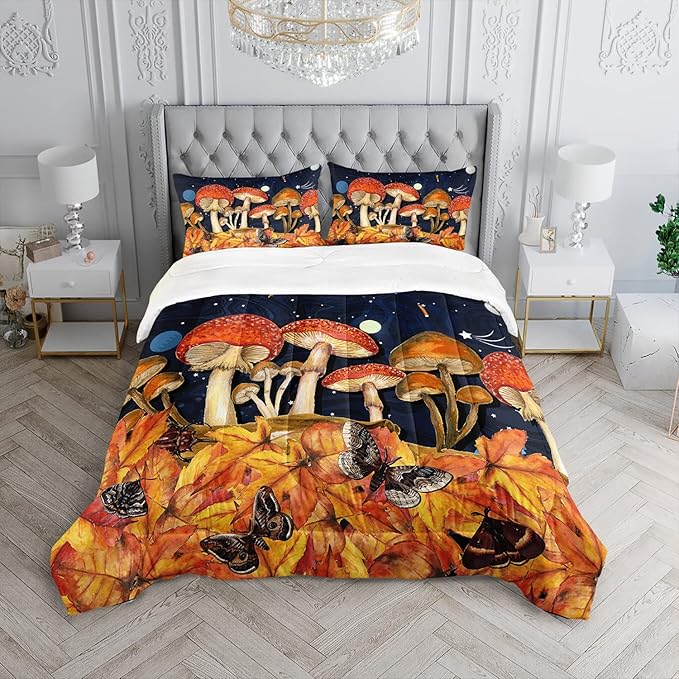 Galaxy Mushroom Comforter Set Queen Size Kids Mushroom Butterfly Bedding Set Leaves Quilt Bed Set for Boys Girls Adults with 1 Comforter and 2 Pillowcases