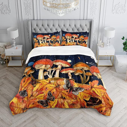 Galaxy Mushroom Comforter Set Full Size Kids Mushroom Butterfly Bedding Set Leaves Quilt Bed Set for Boys Girls Adults with 1 Comforter and 2 Pillowcases