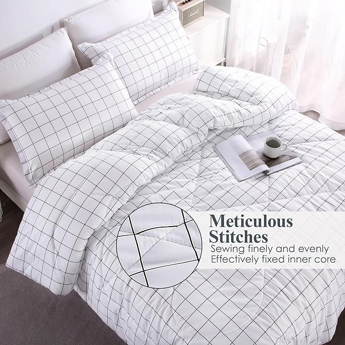 Andency White Grid Comforter Set Full Size (79x90 Inch), 3 Pieces(1 Grid Comforter and 2 Pillowcases), Summer Lightweight Microfiber Down Alternative White Comforter with Black Lines