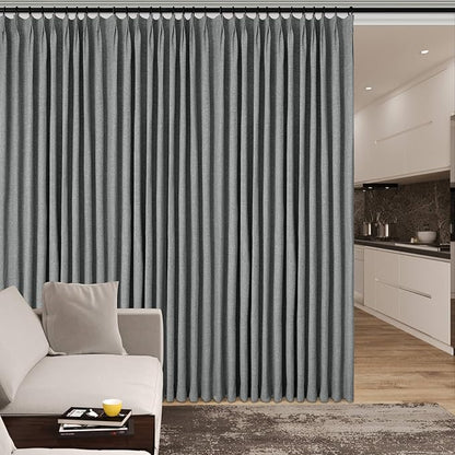 Full Blackout Privacy Curtains, 240 Inch Extra Wide Linen Blend Drapes, Pinch Pleat Window Drapery for Room Divider Storage/Space Room Separation, 1 Panel, W 240" x L 108", Mid Grey