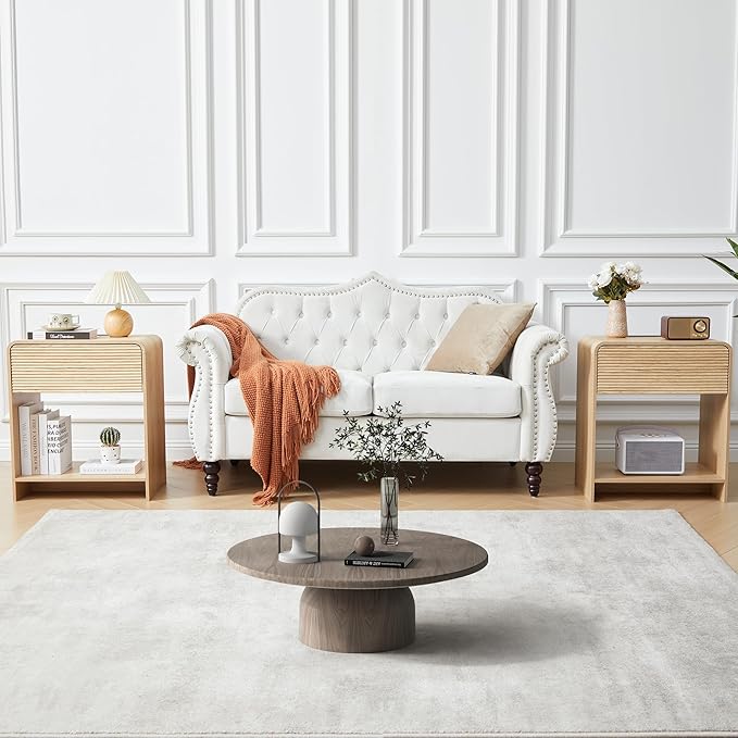 Fluted Nightstand with Charging Station, Mid Century Modern Bed Side Table End Table with Drawer Storage, Large Wooden Night Stands Bedside for Bedroom Living Room Sofa Office, Natural