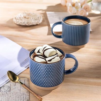 GBhome 12 OZ Stackable Coffee Mugs Set of 4, Ceramic Coffee Cups Set | Coffee Mugs With Stand, Dishwasher&Microwave Safe, 4 Assorted Designs