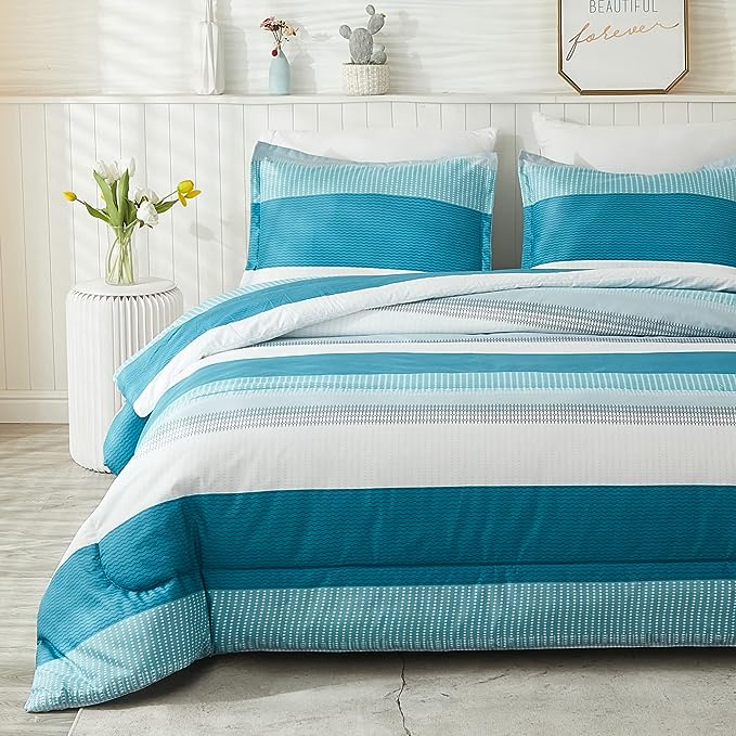 Litanika Teal White Bed Comforter Twin Set, XL Twin Comforter Striped Bedding Comforter Set, 2 Pieces Lightweight Soft All Season Down Alternative Comforter (1 Comforter, 1 Pillowcase)