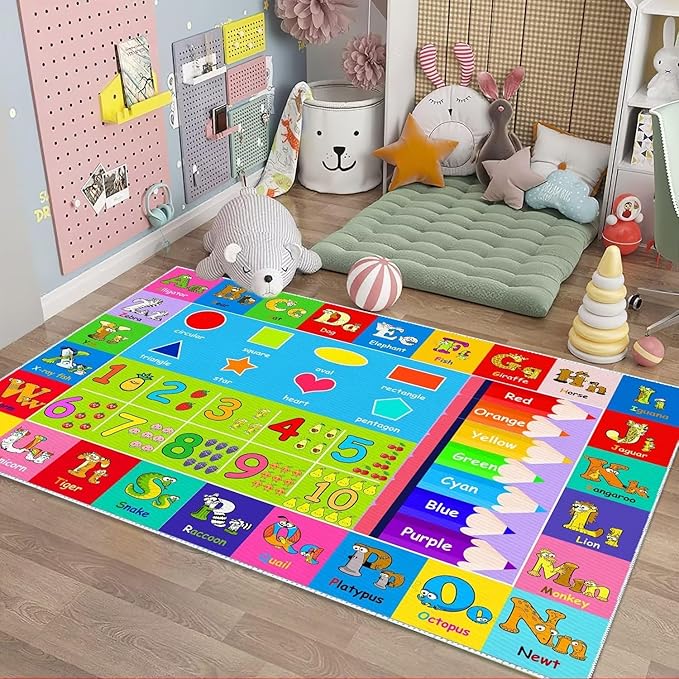 Kids Alphabet Play Game Rug - 5'x7' ABC Numbers and Shapes Educational Learning Toddler Carpet - Kids Room Playroom Classroom Kindergarten Activity Fun Soft Non-Slip Mat