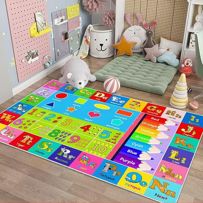 Kids Alphabet Play Game Rug - 5'x7' ABC Numbers and Shapes Educational Learning Toddler Carpet - Kids Room Playroom Classroom Kindergarten Activity Fun Soft Non-Slip Mat