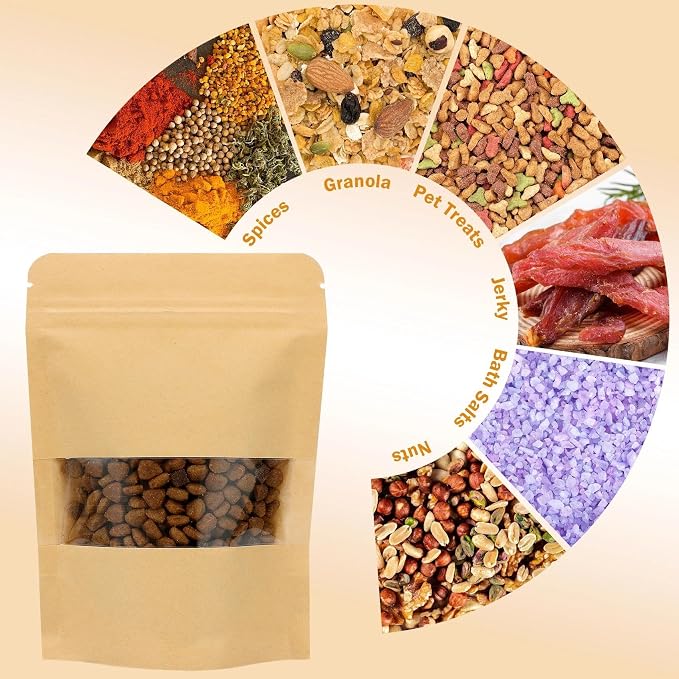 100 Pcs Kraft Paper Resealable Bags for Small Business (4 X 6.3 Inches) | Heat Sealable Zip Lock Stand Up Pouches with Clear Window for Food Storage, Samples, Party Favors