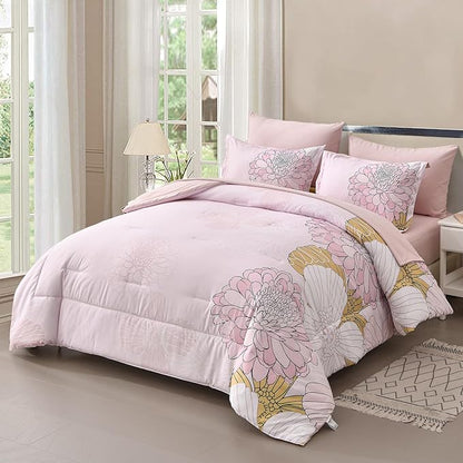 Yiran Bed in a Bag 7 Pieces Pink Colorful Floral Comforter Set Queen Size Soft Microfiber Bedding Set with Comforter,Sheets, Pillowcases & Shams 90"×90"