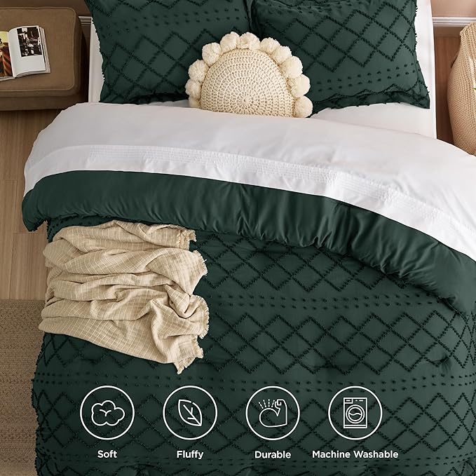 Bedsure Twin/Twin XL Comforter Set - Forest Green Boho Twin Extra Long Comforter Set for College, Shabby Chic Dorm Bedding Set, 2 Pieces Modern Farmhouse Bed Set, includes 1 Pillow Sham