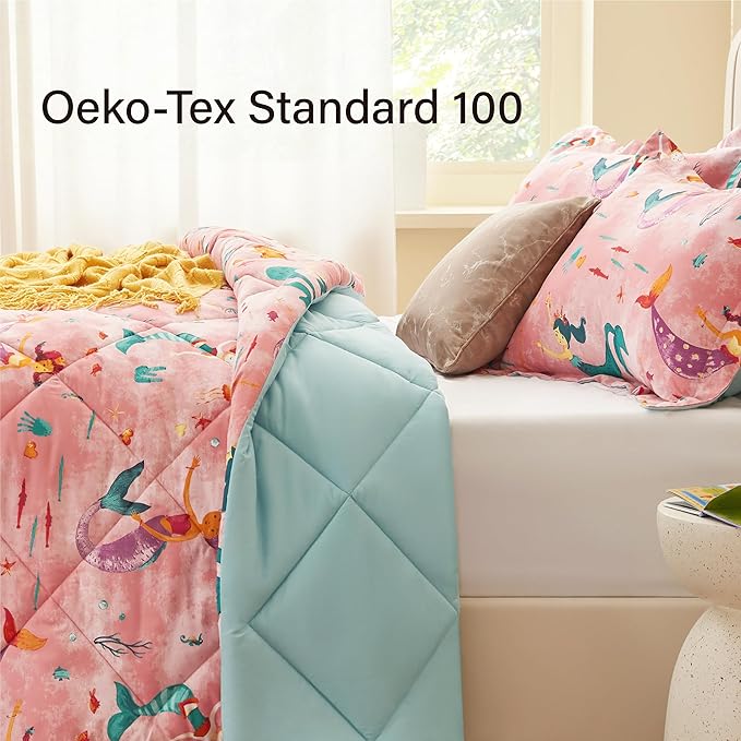Twin Mermaid Bedding Sets for Girls, 3 Pieces Kids Queen Comforter Sets, Super Soft Lightweight for All Seasons, Includes 1 Comforter (88"x88") and 2 Pillowcase (20"x26"+2")
