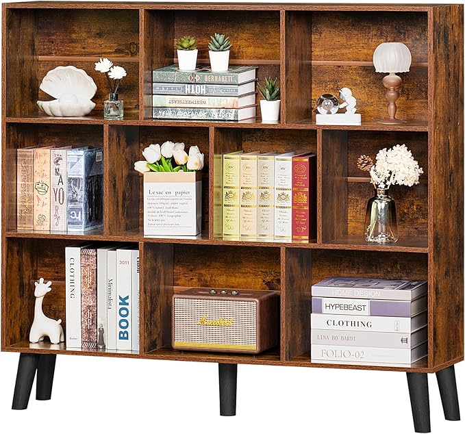 LEYAOYAO 10 Cube Bookshelf,3 Tier Modern Wide Bookcase with Legs,Mid-Century Wood Bookshelves Storage，Brown Large Book Case,Freestanding Organizer Display Shelf for Bedroom,Living Room,Office