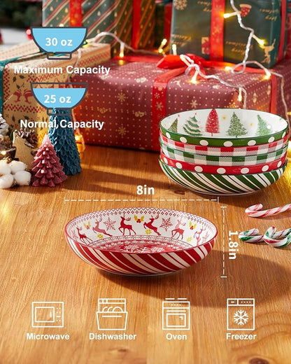 Christmas Pasta Bowl Set, 8 Inch Salad Serving Bowl, Wide and Shallow Bowl Plate for Kitchen, Dishwasher and Microwave Safe, Set of 6