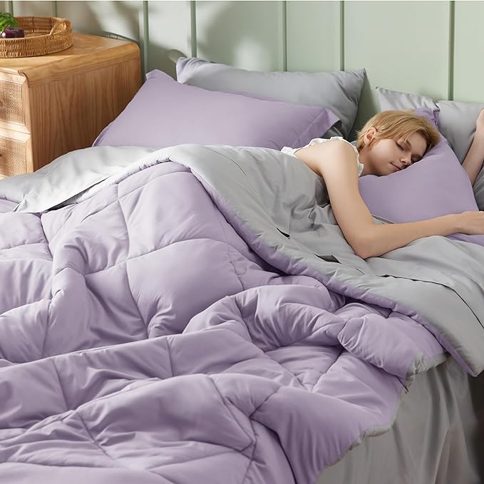 Bedsure Light Purple California King Size Comforter Set - 7 Pieces Reversible California King Bed in a Bag, Cal King Light Purple and Grey Bed Set with Comforters, Sheets, Pillowcases & Shams