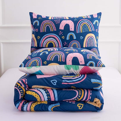 Btargot Lightweight Soft 3 Piece Rainbow Comforter Set with 2 Pillow Covers, Cartoon Love Hearts Suns and Stars Bedding Set for Girls Boys Kids, Twin Dark Blue