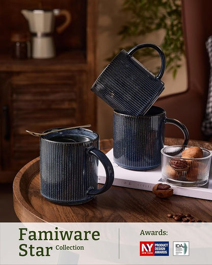 famiware Coffee Mug Set for 6, Star 16 oz Catering Mugs Cup Set with Handle for Coffee, Tea, Cocoa, Milk - Ceramic Stoneware Drinkware Set, Nebulas Blue