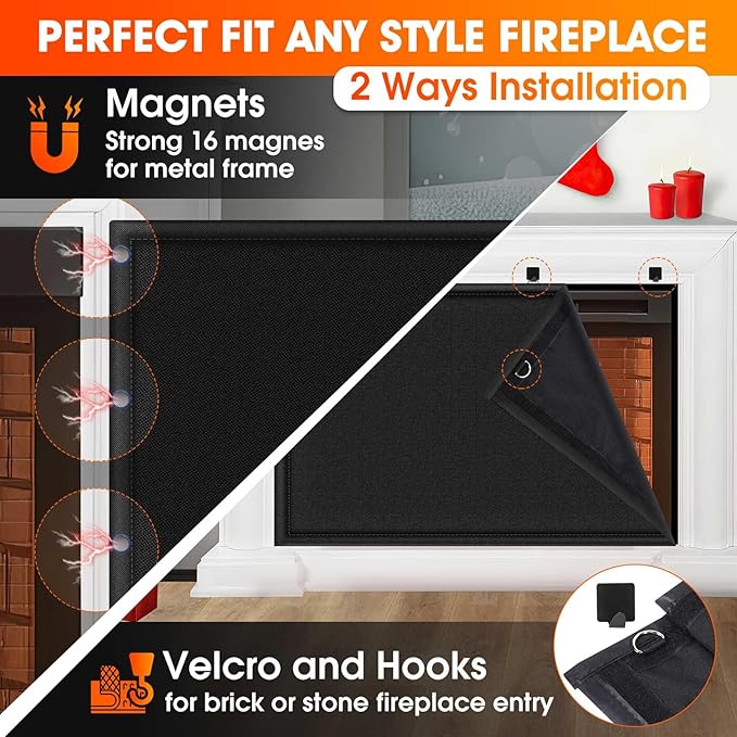 CADARA Fireplace Blocker Blanket Stops Heat Loss, Magnetic Fireplace Draft Stopper, Indoor Fire Place Draft Cover with Hook and Loop Tapes, Cold Air Blocker Save Energy, Black 39" W x 32" H