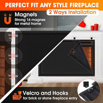 CADARA Fireplace Blocker Blanket Stops Heat Loss, Magnetic Fireplace Draft Stopper, Indoor Fire Place Draft Cover with Hook and Loop Tapes, Cold Air Blocker Save Energy, Black 39" W x 32" H