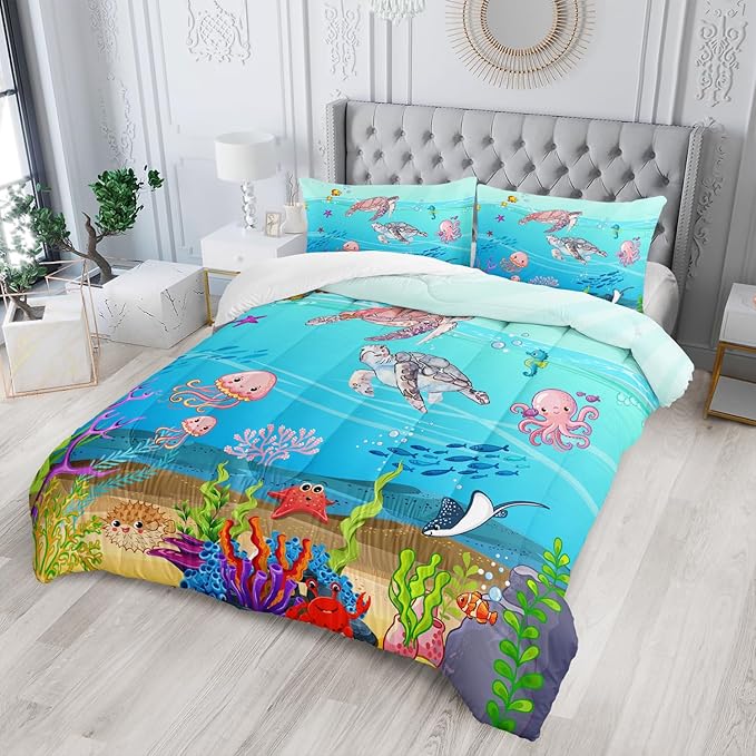 Turtle Comforter Set Queen Ocean Watercolor Sea Turtle Bedding Set Tropical Fish Marine Life Bed Set with 2 Pillowcases for Kids Room Decor