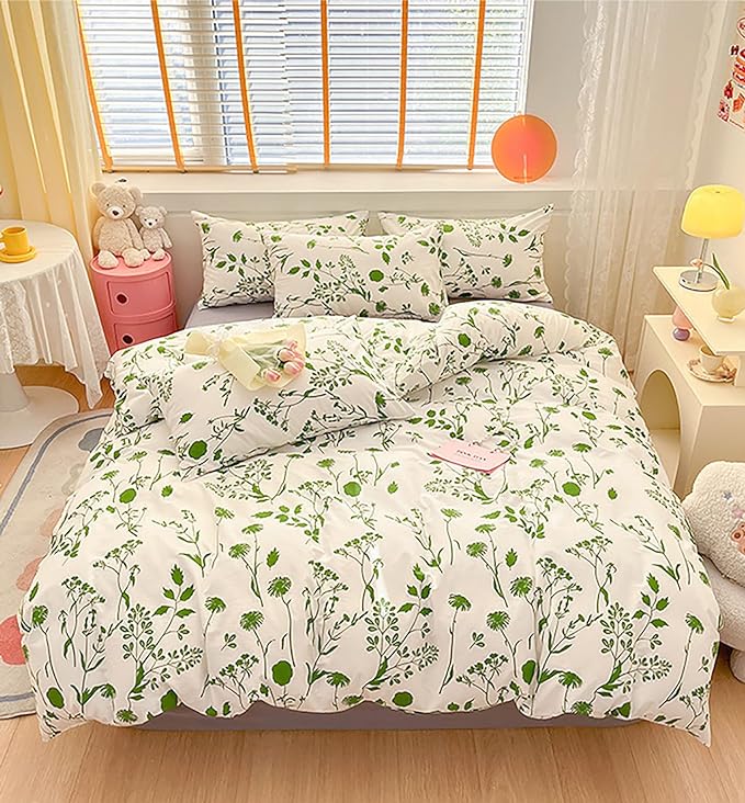 Sage Botanical Comforter Queen White Green Floral Plant Bedding Comforter Set Girls Garden Pattern Printed on White Blanket Rustic Leaf Blossom Women White Farmhouse Comforter Queen