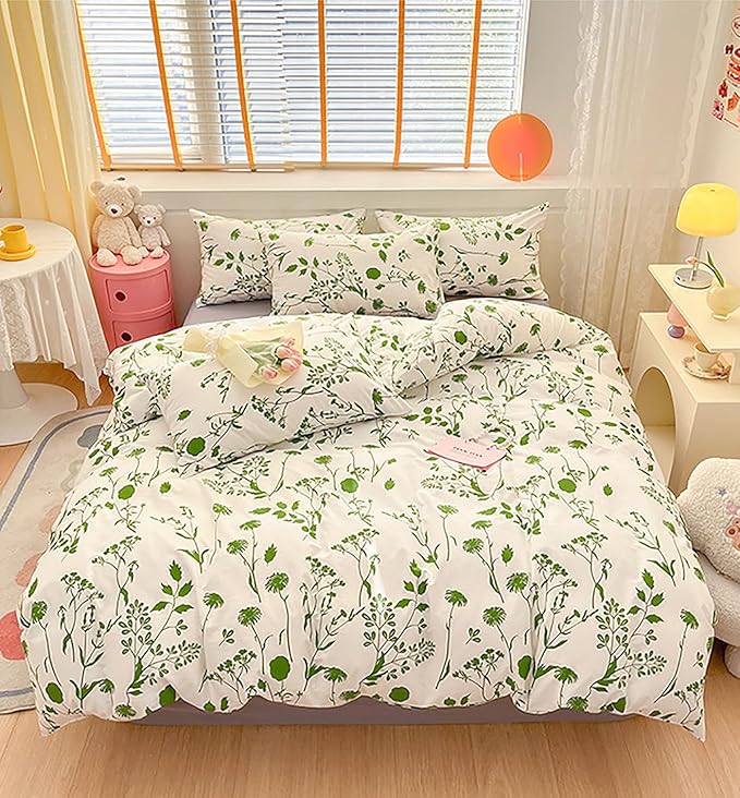 Sage Botanical Comforter Set Full White and Green Floral Plant Bedding Comforter Set Girls Garden Pattern Printed on White Blanket Rustic Leaf Blossom Women White Farmhouse Comforter Full