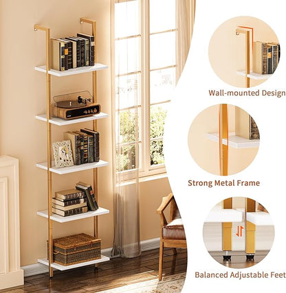 SUPERJARE 5-Tier Bookshelf, Narrow Book Shelf Set of 2, Open Wall-Mounted Ladder Shelf with Metal Frame, Display Bookcase for Home Office, Bedroom, White & Gold