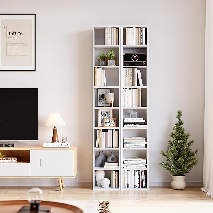71 Inches Tall Narrow Bookshelf, 8-Tier CD DVD Slim Media Tower Rack, Corner Bookcase with Adjustable Shelves, Skinny Cubes Bookshelves for Home Office Small Space, White