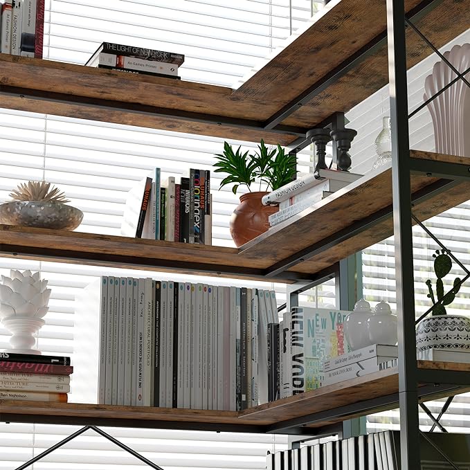 IRONCK 5-Shelf Corner Bookcase, Vintage Industrial Corner Bookshelf Etagere Bookcase, 5 Tier Corner Shelf Storage Rack with Metal Frame for Living Room Home Office