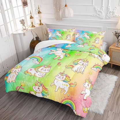 Datura home Kids Unicorn Comforter Set for Girls Boys,Kawaii Rainbow Unicorn Printed Pattern Rainbow Kawaii Bedding Set with 2 Pillowcases(Rainbow Unicorn Queen)