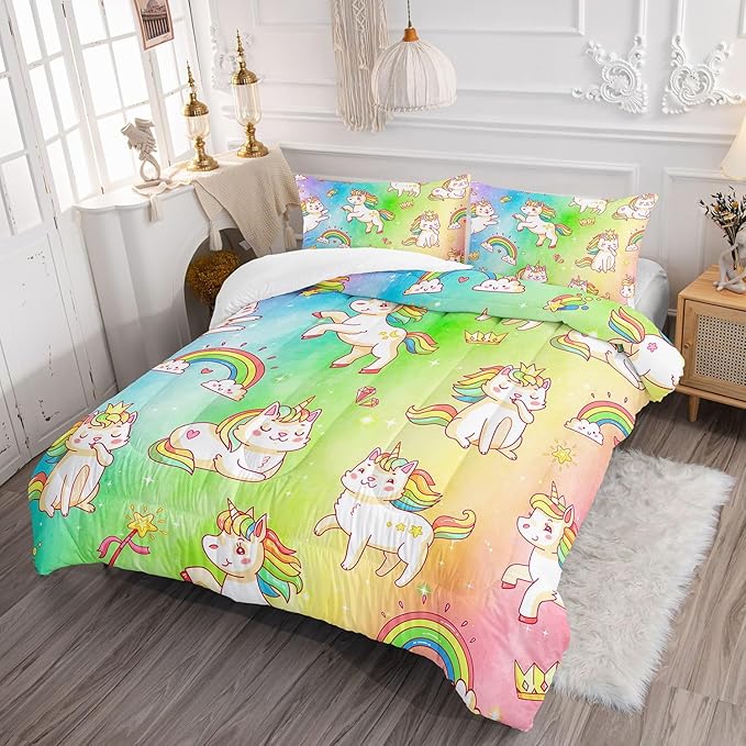 Datura home Kids Unicorn Comforter Set for Girls Boys,Kawaii Rainbow Unicorn Printed Pattern Rainbow Kawaii Bedding Set with 2 Pillowcases(Rainbow Unicorn Full)