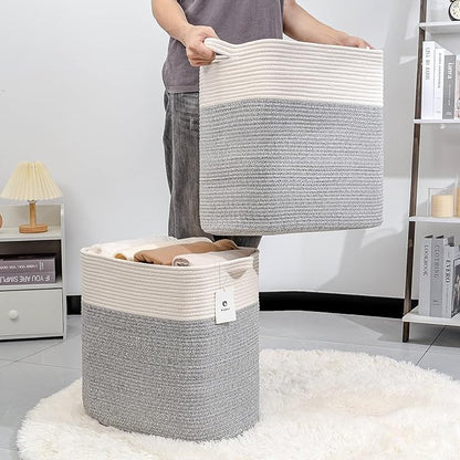 Large Cotton Tall Rectangle Small Laundry hamper Dog Toy Storage Baskets Woven Basket Bins Foldable Medium With Handle Toys and Fabric Storing Storage Silver Gray 2 Pack